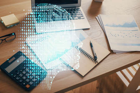 Double exposure of desktop computer and human brain drawing hologram. Ai concept.