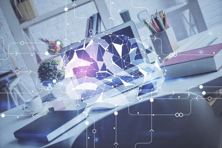 Double exposure of work space with computer and human brain drawing hologram. Brainstorm concept.