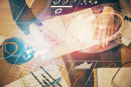 Multi exposure of womans writing hand on background with data technology hud. Big data concept.