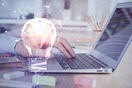 Growing arrows with businessman working on computer on background. Success concept. Double exposure.