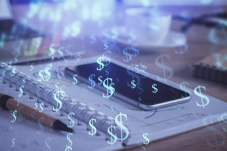 Double exposure of forex chart drawing and cell phone background. Concept of financial data analysisの写真素材