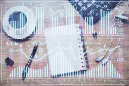 Multi exposure of forex chart drawing and work table top veiw. Concept of financial analysis.