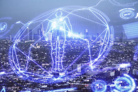 Double exposure of education theme drawing and cityscape background.