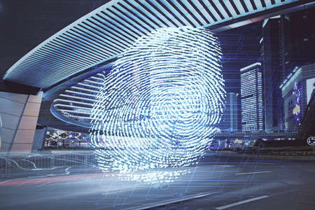 Double exposure of finger print hologram and cityscape background. Concept of personal security.の写真素材