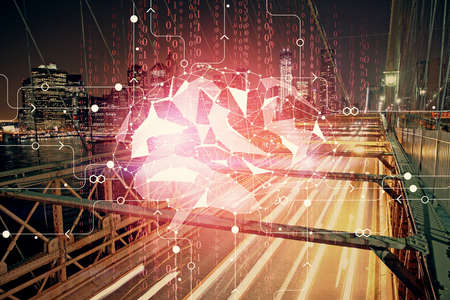Brain hologram drawing on city scape background Double exposure. Brainstorming concept.