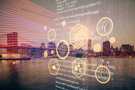 Data theme hologram drawing on city view with skyscrapers background multi exposure. Ai concept.