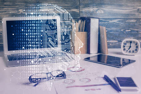 Double exposure of desktop computer and human brain drawing hologram. Ai concept.