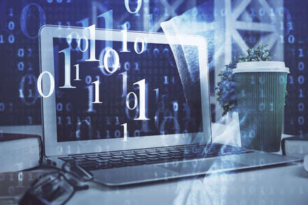 Multi exposure of desktop with personal computer and tech theme drawing. Concept of Bigdata.