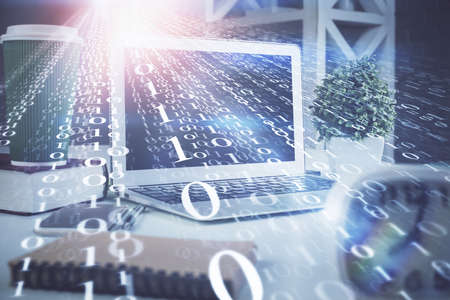 Multi exposure of desktop with personal computer and tech theme drawing. Concept of Bigdata.の写真素材