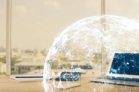 Computer on desktop with social network hologram. Multi exposure. Concept of international people...