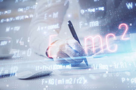 Student or teacher with mathematical and scientific formulas. Concepts of education. Symbols and...