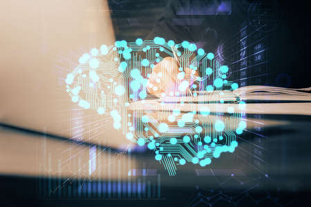 Brain multi exposure icon with man hands background. Concept of learning.