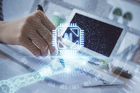 Double exposure of hands making notes with digital coding icons. Computer learning concept.