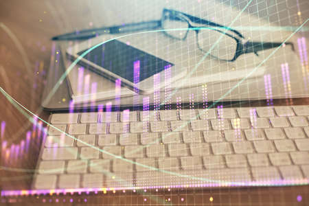 Double exposure of forex chart drawing and cell phone background. Concept of financial trading