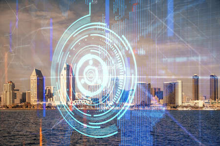 Data theme hologram drawing on city view with skyscrapers background multi exposure. Bigdata...