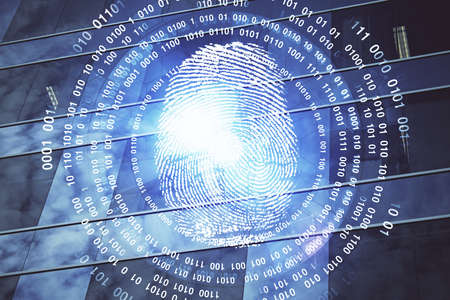 Double exposure of finger print hologram and cityscape background. Concept of personal security.