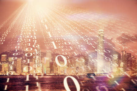 Data theme hologram drawing on city view with skyscrapers background double exposure. Ai concept.