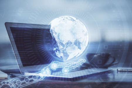 Multi exposure of table with computer and world map hologram. International data network concept.