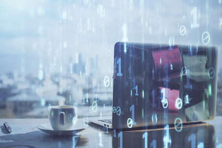 Double exposure of computer and technology theme hologram. Concept of freelance work.