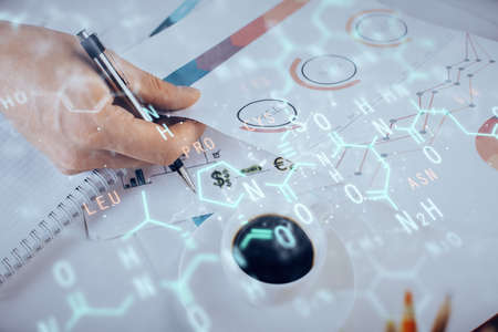 Student or teacher with mathematical and scientific formulas. Concepts of education. Symbols and...