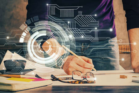 Mans hands with technology theme multi exposure icons. Concept of big data.