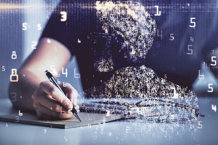 Technology theme hologram over womans hands taking notes background. Concept of Tech. Double...