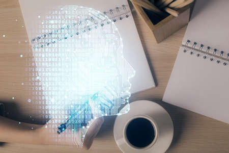 Multi exposure of womans writing hand on background with brain hologram. Concept of brainstorming.