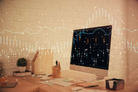 Double exposure of stock market graph drawing and office interior background. Concept of financial...