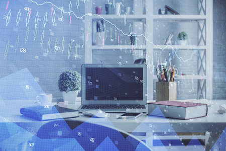 Double exposure of financial graph drawing and office interior background. Concept of stock market.