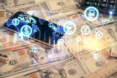 Double exposure of forex graph drawing over us dollars bill background. Concept of financial...