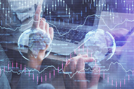 Double exposure of man and woman working together and forex chart hologram. Business concept....