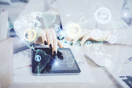 Double exposure of forex chart sketch hologram and woman holding and using a mobile device....
