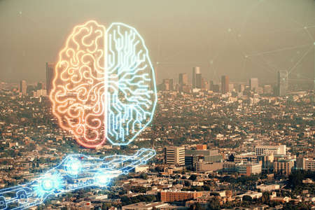 Brain hologram drawing on cityscape background multi exposure. Ai in modern city concept.の写真素材