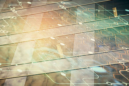 Data theme hologram drawing on city view with skyscrapers background multi exposure. Bigdata...