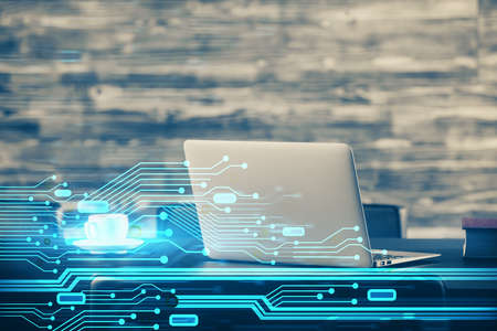 Double exposure of desktop with computer on background and tech theme drawing. Concept of big data.