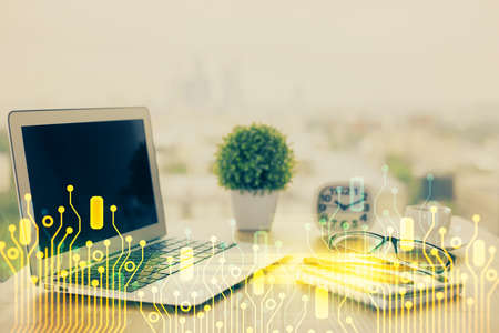 Double exposure of desktop with computer on background and tech theme drawing. Concept of big data.