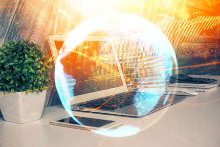 Multi exposure of business theme icons and table with computer background. Concept of success.