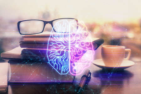 Brain drawings with glasses on the table background. Double exposure.