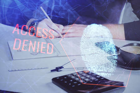Concept of the future of security and password control through advanced technology. Fingerprint scan provides safe access with biometrics identification. Multi exposure.の写真素材