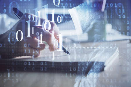 Multi exposure of womans hands on background with technology and digital coding icons. Data...