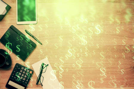 Double exposure of forex graph drawing and work table top veiw. Concept of financial analysis.の写真素材