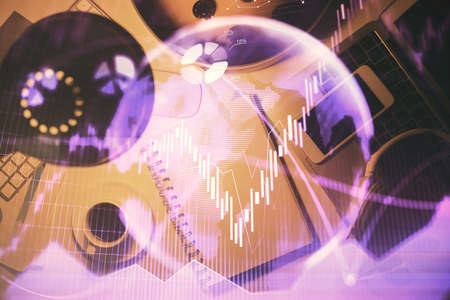 Multi exposure of forex chart drawing and work table top veiw. Concept of financial analysis.の写真素材