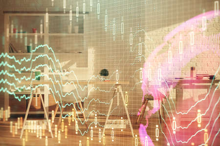 Double exposure of financial graph drawing and office interior background. Concept of stock market.の写真素材