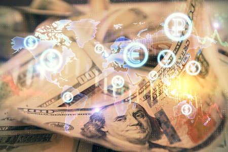 Double exposure of forex graph drawing over us dollars bill background. Concept of financial markets.の写真素材
