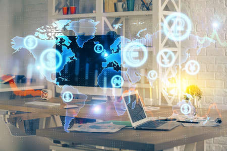 Double exposure of forex chart and work space with computer. Concept of international online...