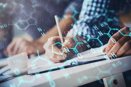 Student or teacher with mathematical and scientific formulas. Concepts of education. Symbols and...