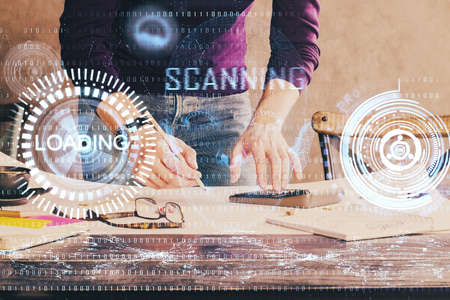 Mans hands with data theme multi exposure drawings. Network and data concept.
