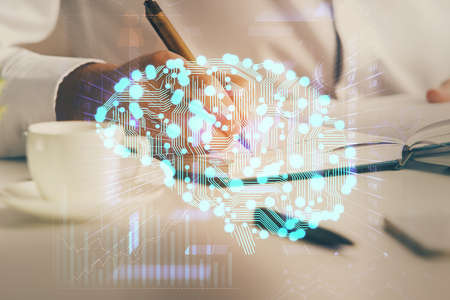 Brain multi exposure icon with man hands background. Concept of learning.
