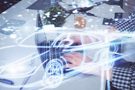 Automobile theme drawing with businessman working on computer on background. Autopilot taxi concept....