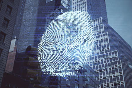 Double exposure of finger print hologram and cityscape background. Concept of personal security.